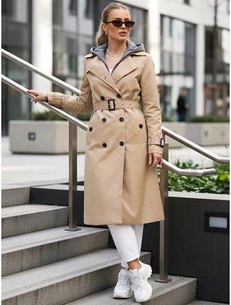 Dámský dvouřadový trenčkot s kapucí FashionStreet camel TY5656