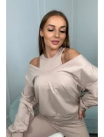 3-dílný set halenka + top + legíny světle béžová