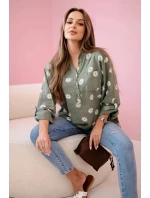 Lněná dámská halenka s květinovým vzorem, dlouhými rukávy a knoflíky khaki