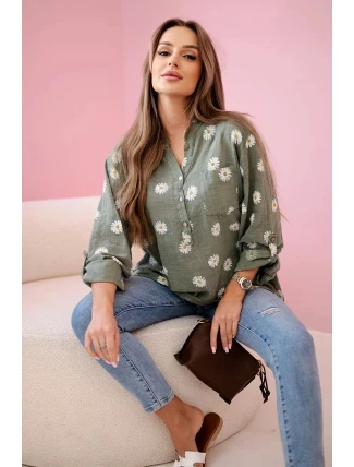 Lněná dámská halenka s květinovým vzorem, dlouhými rukávy a knoflíky khaki