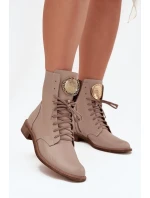 Kožené dámské kotníkové boty na plochém podpatku se zlatým detailem Zazoo 3084 béžové