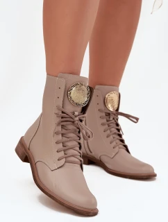 Kožené dámské kotníkové boty na plochém podpatku se zlatým detailem Zazoo 3084 béžové