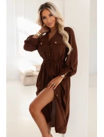 651-1 Šaty midi s knoflíky a páskem - čokoládové
