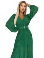 KLARA - Světle zelené dámské plisované šaty s výstřihem a opaskem 414-3