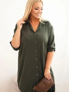 Dámská košilová šaty Plus Size s delším zadním dílem a ohrnovacími rukávy khaki
