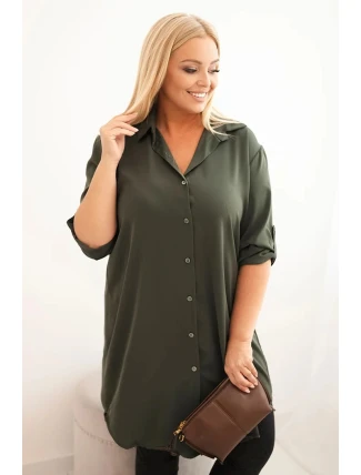 Dámská košilová šaty Plus Size s delším zadním dílem a ohrnovacími rukávy khaki