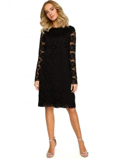 M406 krajkové šaty do áčka s dlouhými rukávy - černé