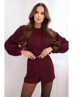 Elegantní dámský overal s páskem a dlouhým rukávem bordový