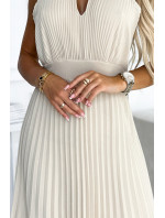 Béžové plisované dámské midi šaty s vykrojením ve tvaru slzičky ve výstřihu 484-1