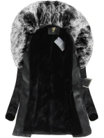 Černo-šedý kabát z ekologické kůže s kožešinovým límcem Libland (LD-5518)