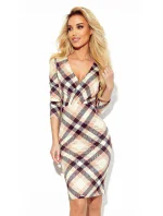 Béžovo-černé kárované vypasované dámské šaty s přeloženým obálkovým výstřihem a dlouhými rukávy 387-2 Béžovo-černé kárované vypasované dámské šaty s přeloženým obálkovým výstřihem a dlouhými rukávy 387-2