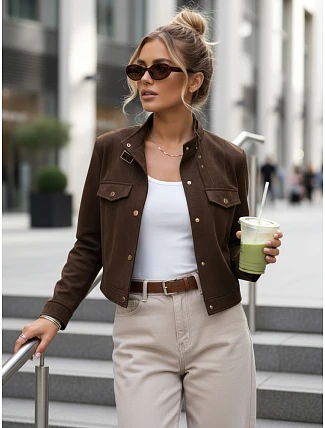 Dámská bunda z ekokůže s knoflíky hnědá FashionStreet TY5667