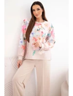 Dámský viskózový komplet s máslovou úpravou v květinovém vzoru se širokými nohavicemi béžový