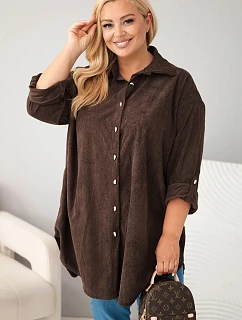 Dámská košile Plus Size z viskózy manšestrová s odepínacími rukávy hnědá