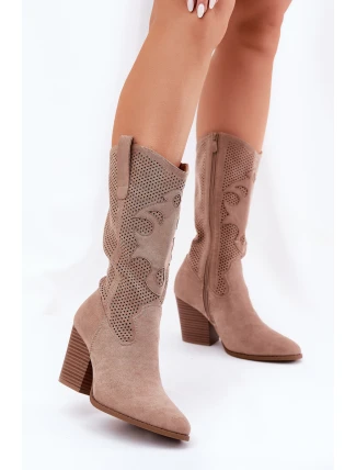 Děrované Kozačky Kovbojské Na Podpatku Béžové S.Barski HY51-606