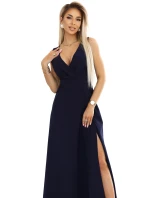 634-1 MIRA elegantní maxi šaty s obálkovým výstřihem a rozparkem na nohou - tmavě modré 634-1 MIRA elegantní maxi šaty s obálkovým výstřihem a rozparkem na nohou - tmavě modré