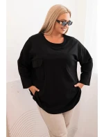 Dámská blůza Plus Size s bavlnou, s kapsou a ohrnutým rukávem černá