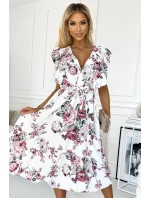 466-1 Šaty GABRIELLA s volánem, výstřihem a zavazováním - BÍLÉ S HRANNÍMI RŮŽEMI