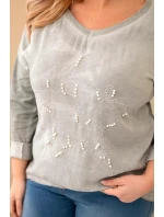 Dámská blůza Plus Size s nápisem a perlami khaki