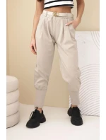 Dámské kalhoty z vysokým pasem a páskem bavlněné tmavě béžová