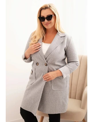 Dámský elegantní kabát Plus Size s límcem a velkými kapsami šedý
