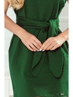 Dámské šaty v lahvově zelené barvě s krátkými rukávy a širokým páskem k zavazování 370-4