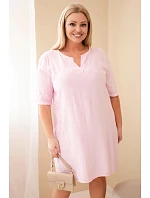 Dámské viskózové šaty Plus Size s krátkým rukávem a výstřihem do V bonbónově růžová