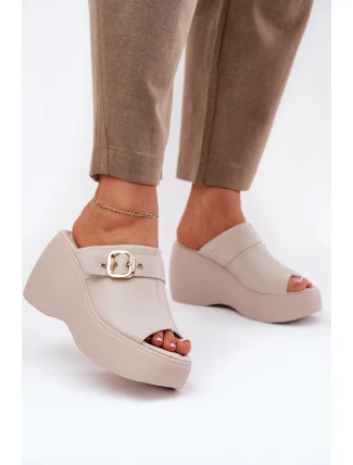 Kožené Dámské Sandály Na Platformě A Klínu S Přezkou Béžové S.Barski LR51-542