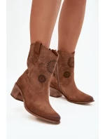 Semišové kožené dámské boty s výřezy na podpatku Zazoo 3844 hnědé