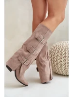 Kozačky Na Podpatku S Ohnutou Holení A Přezkami Béžové Vamissa