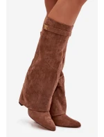 Dámské zateplené kozačky na podpatku s vyhrnutou horní částí Evyra – tmavě béžové, eko semiš