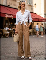 Dámské lněné kalhoty s širokými nohavicemi camel FashionStreet UY3077