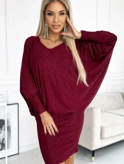 402-4 Netopýří šaty s výstřihem - vínové s brokátem