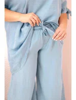Dámská souprava Plus Size z tencelu, halenka s vázáním a široké kalhoty světlý džínový