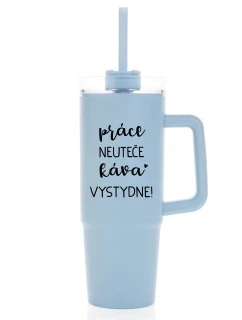 PRÁCE NEUTEČE, KÁVA VYSTYDNE! - světle modrý cestovní termohrnek s průhledným víčkem 900 ml