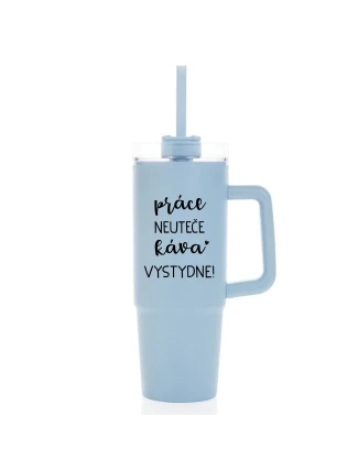 PRÁCE NEUTEČE, KÁVA VYSTYDNE! - světle modrý cestovní termohrnek s průhledným víčkem 900 ml  