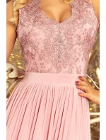 LEA - Dlouhé dámské šaty v barvě taupe bez rukávů, s vyšívaným výstřihem 215-5