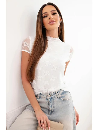 Dámská viskózová krajková halenka s krátkým rukávem a polorolákem bílá Dámská viskózová krajková halenka s krátkým rukávem a polorolákem bílá