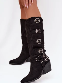 Kozačky Kovbojky na podpatku s přezkami Černé Fivelle