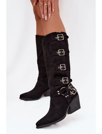Kozačky Kovbojky na podpatku s přezkami Černé Fivelle