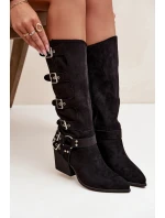 Kozačky Kovbojky na podpatku s přezkami Černé Fivelle