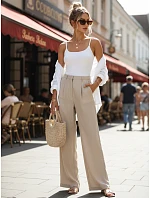 Dámské lněné kalhoty s širokými nohavicemi béžové FashionStreet UY3079