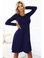 567-2 Pohodlné trapézové šaty s dlouhými rukávy - tmavě modré