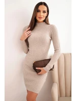 Dámská viskózová pruhovaná šaty s dlouhým rukávem a stojáčkem béžová