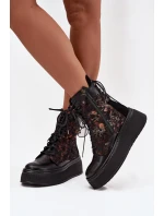 Kožené semišové boty na platformě zateplené černé 06565-01