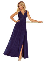 Dlouhé tmavě modré dámské šaty bez rukávů s vyšívaným výstřihem model 6369438