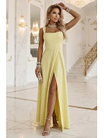 633-3 AURELIA dlouhé svatební šaty s rozparkem a výstřihem typu caro - máslově žluté s třpytkami