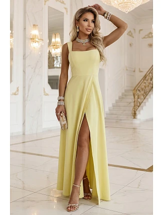 633-3 AURELIA dlouhé svatební šaty s rozparkem a výstřihem typu caro - máslově žluté s třpytkami