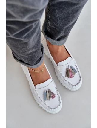 Kožené dámské mokasíny s třásněmi na platformě a klínu bílé Eleazetta