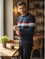 Pánský pruhovaný tmavě modrý svetr FashionStreet WX2281 Pánský pruhovaný tmavě modrý svetr FashionStreet WX2281